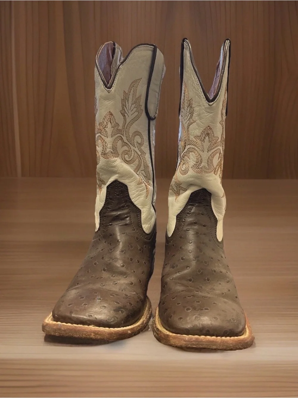Tanner Mark Two-Tone Brown ostrich print and Cream Western Cowboy Boots